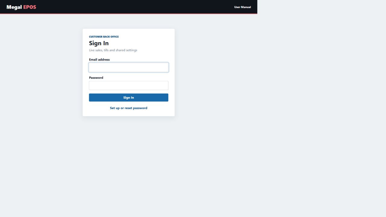 Secure Megal EPOS customer Back Office sign-in screen